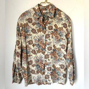 Vintage Liz Claiborne Floral Cottagecore Silk Long Sleeve Button Shirt Size 10